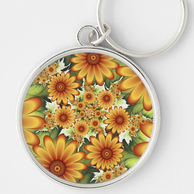 Floral Dream, Modern Abstract Flowers Fractal Art Key Ring (Front)