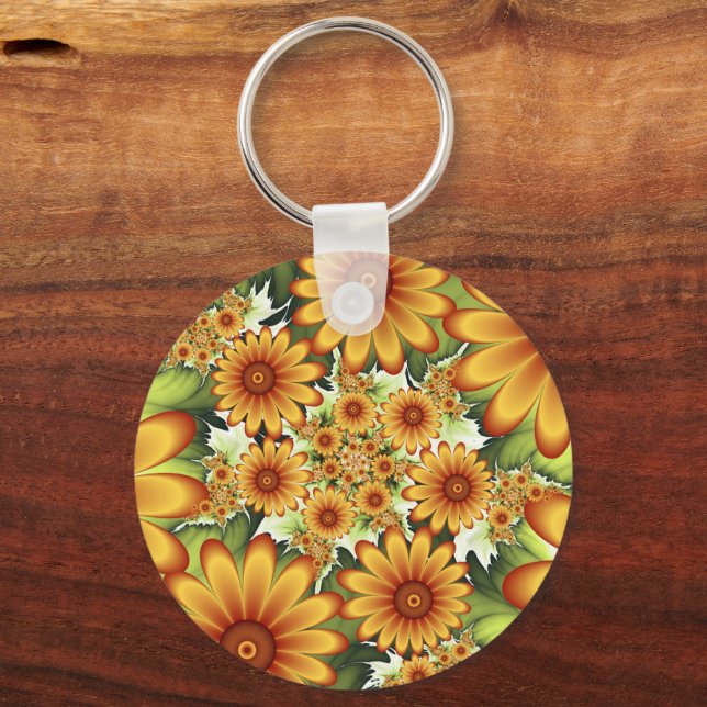 Floral Dream, Modern Abstract Flowers Fractal Art Key Ring (Front)