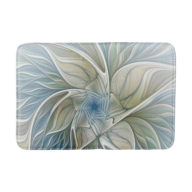 Floral Dream Pattern Abstract Blue Khaki Fractal Bath Mat (Front)