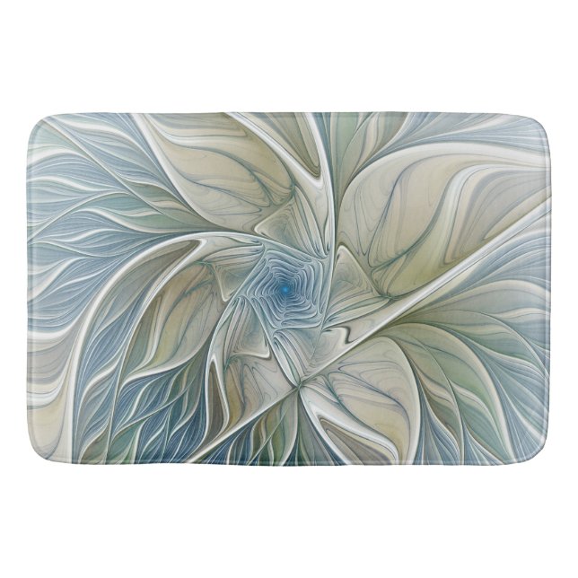 Floral Dream Pattern Abstract Blue Khaki Fractal Bath Mat (Front)