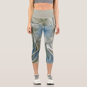 Floral Dream Pattern Abstract Blue Khaki Fractal Capri Leggings