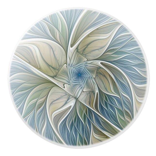 Floral Dream Pattern Abstract Blue Khaki Fractal Ceramic Knob (Front)