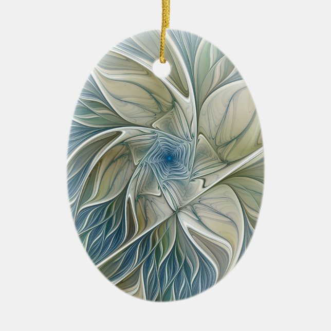 Floral Dream Pattern Abstract Blue Khaki Fractal Ceramic Ornament (Front)