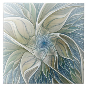 Floral Dream Pattern Abstract Blue Khaki Fractal Ceramic Tile