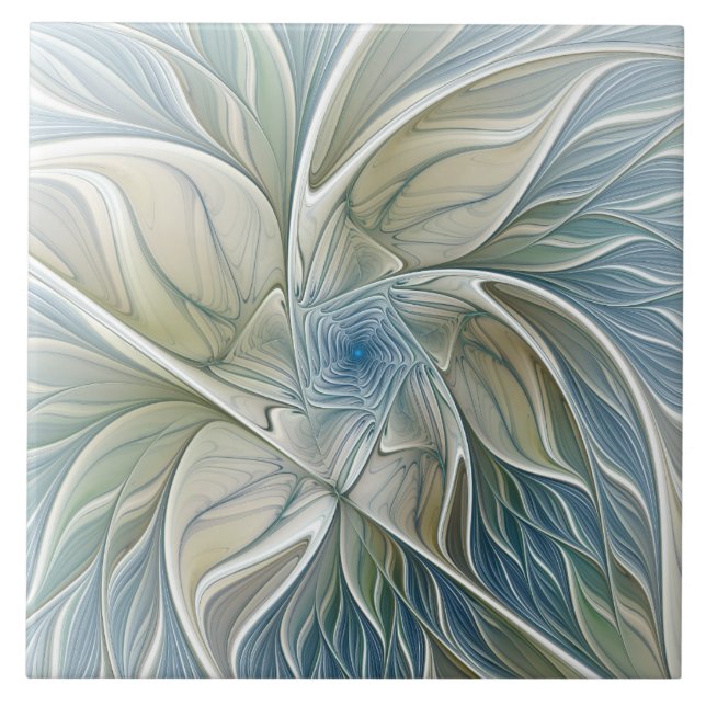 Floral Dream Pattern Abstract Blue Khaki Fractal Ceramic Tile (Front)