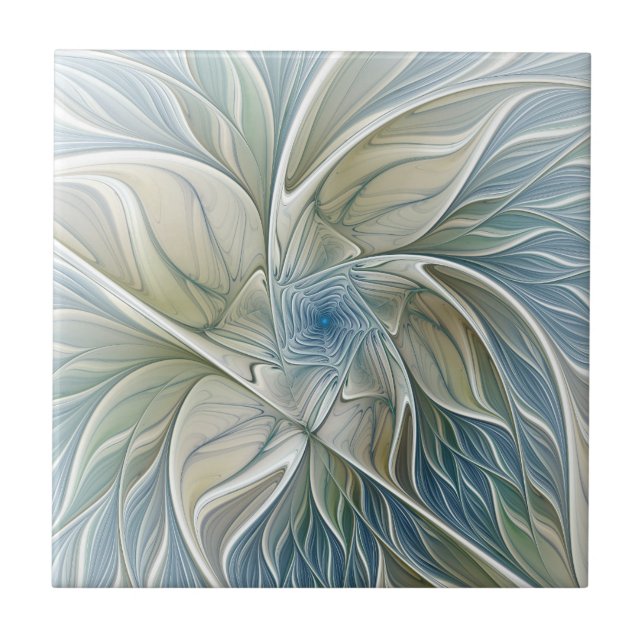 Floral Dream Pattern Abstract Blue Khaki Fractal Ceramic Tile (Front)