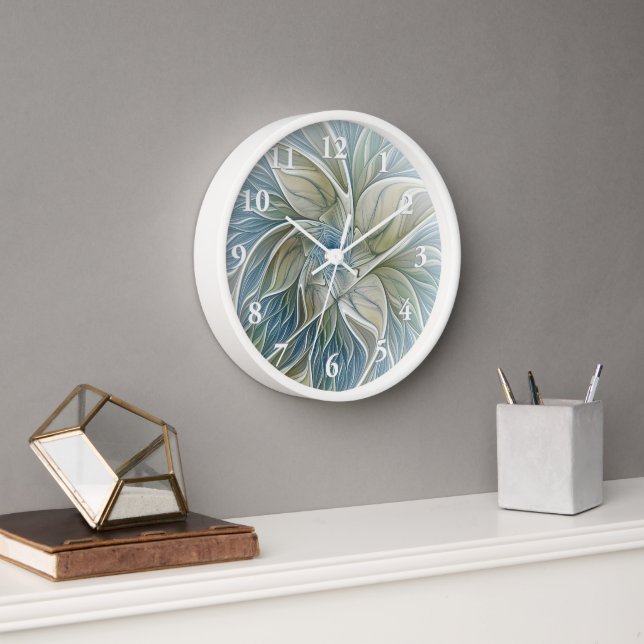 Floral Dream Pattern Abstract Blue Khaki Fractal Clock (Office)