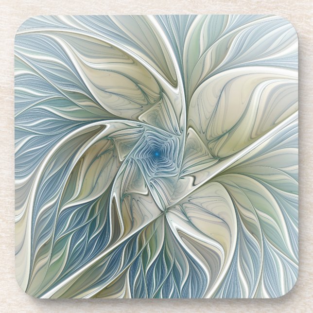 Floral Dream Pattern Abstract Blue Khaki Fractal Coaster (Front)