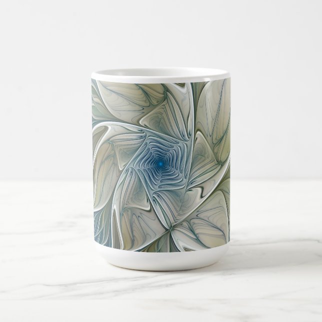 Floral Dream Pattern Abstract Blue Khaki Fractal Coffee Mug (Center)