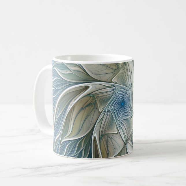 Floral Dream Pattern Abstract Blue Khaki Fractal Coffee Mug (Front Left)