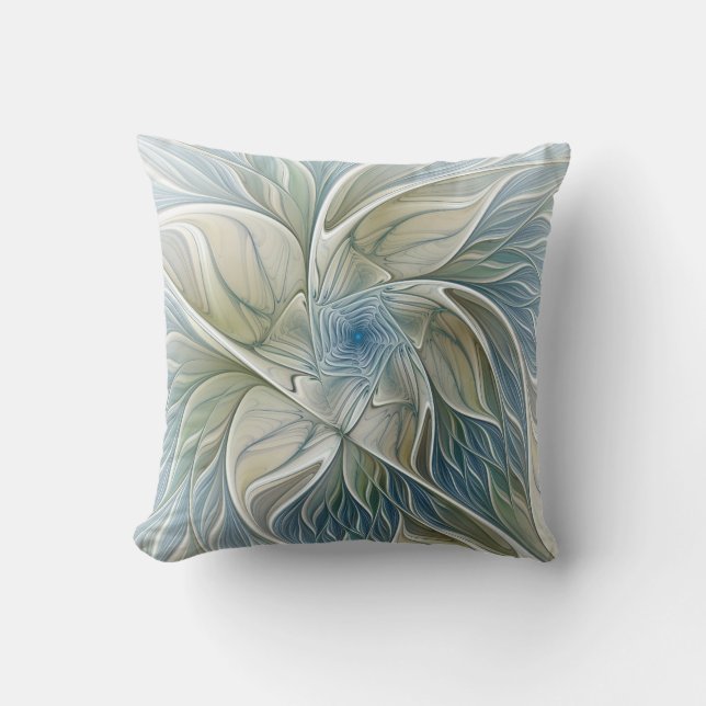Floral Dream Pattern Abstract Blue Khaki Fractal Cushion (Front)