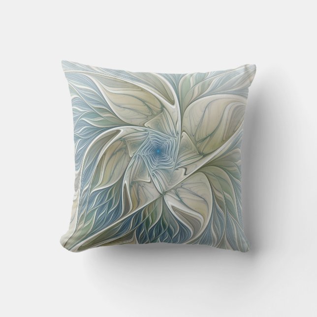 Floral Dream Pattern Abstract Blue Khaki Fractal Cushion (Front)