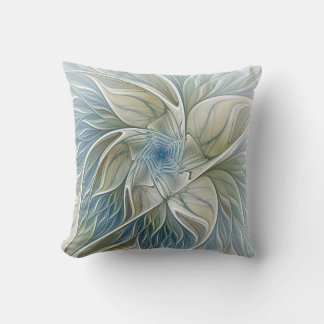Floral Dream Pattern Abstract Blue Khaki Fractal Cushion