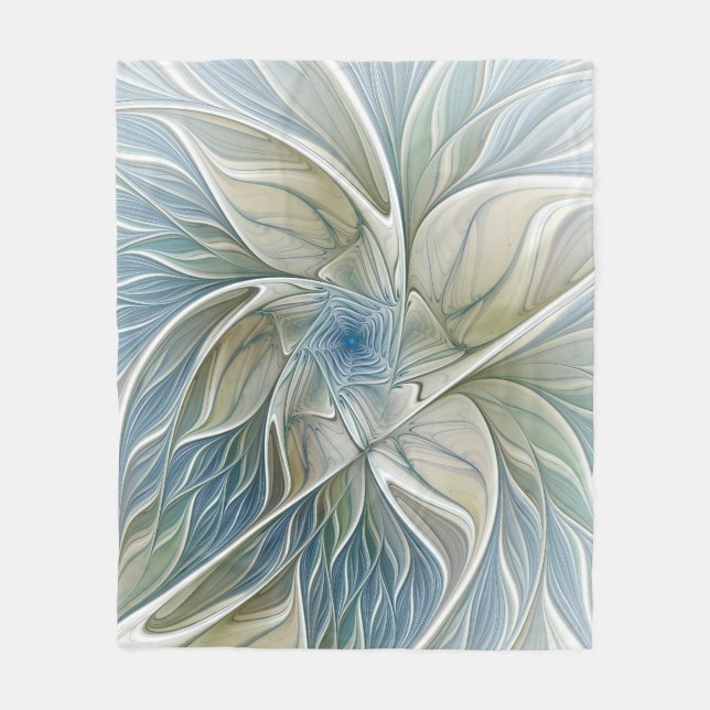 Floral Dream Pattern Abstract Blue Khaki Fractal Fleece Blanket (Front)