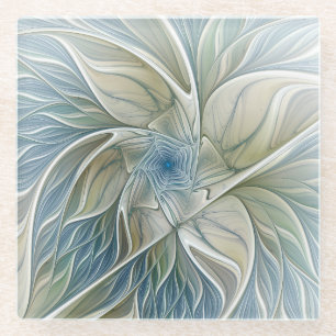 Floral Dream Pattern Abstract Blue Khaki Fractal Glass Coaster
