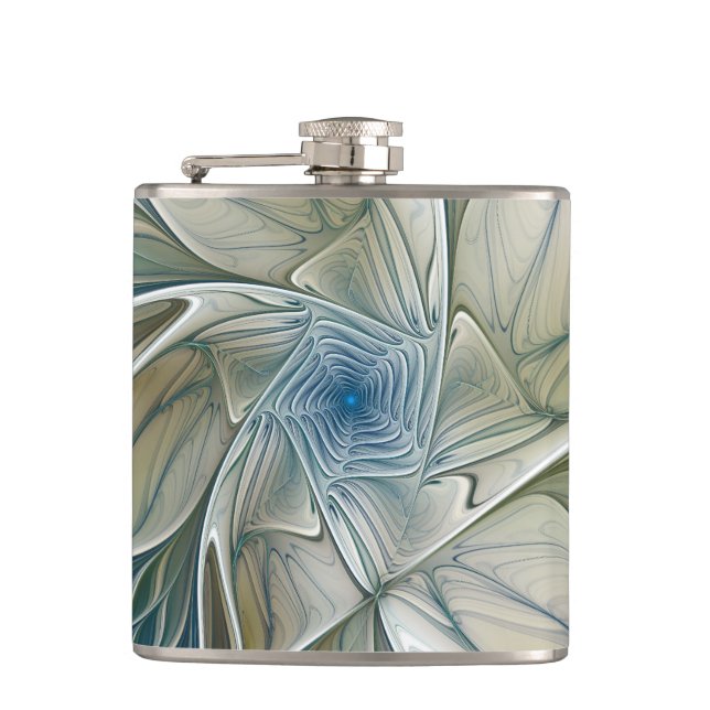 Floral Dream Pattern Abstract Blue Khaki Fractal Hip Flask (Front)