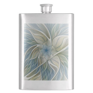 Floral Dream Pattern Abstract Blue Khaki Fractal Hip Flask