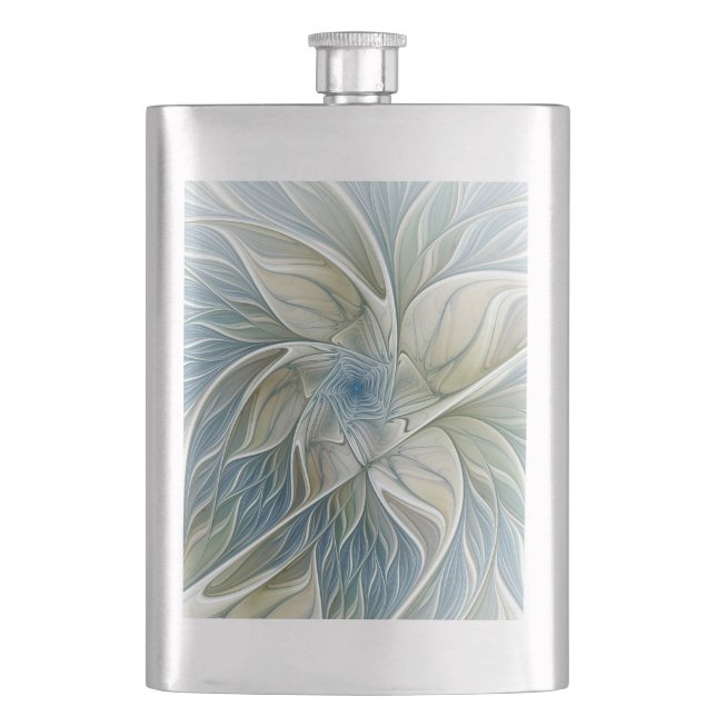 Floral Dream Pattern Abstract Blue Khaki Fractal Hip Flask (Front)