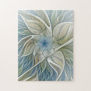Floral Dream Pattern Abstract Blue Khaki Fractal Jigsaw Puzzle