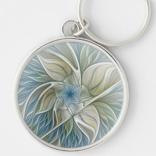Floral Dream Pattern Abstract Blue Khaki Fractal Key Ring