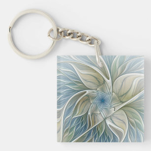 Floral Dream Pattern Abstract Blue Khaki Fractal Key Ring