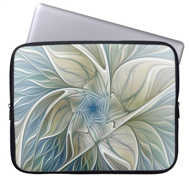 Floral Dream Pattern Abstract Blue Khaki Fractal Laptop Sleeve (Front)