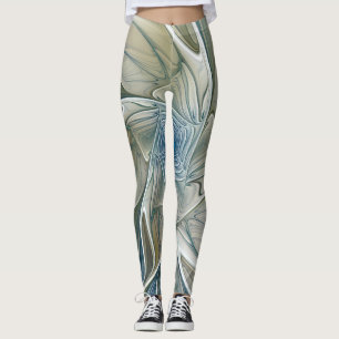 Floral Dream Pattern Abstract Blue Khaki Fractal Leggings