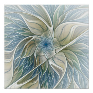 Floral Dream Pattern Abstract Blue Khaki Fractal Poster