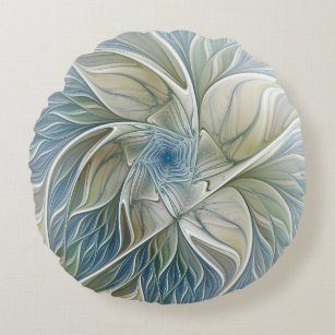 Floral Dream Pattern Abstract Blue Khaki Fractal Round Cushion
