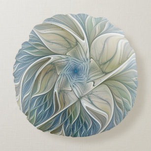 Floral Dream Pattern Abstract Blue Khaki Fractal Round Cushion