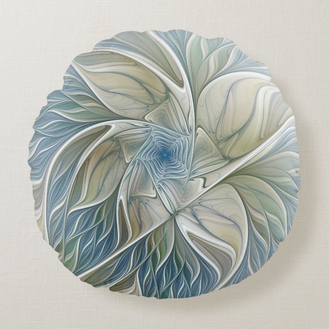 Floral Dream Pattern Abstract Blue Khaki Fractal Round Cushion (Front)