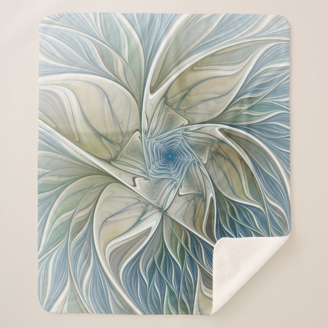 Floral Dream Pattern Abstract Blue Khaki Fractal Sherpa Blanket (Front)