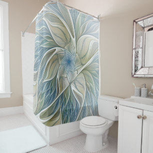 Floral Dream Pattern Abstract Blue Khaki Fractal Shower Curtain