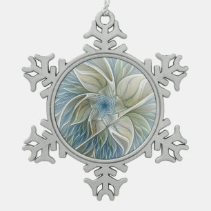 Floral Dream Pattern Abstract Blue Khaki Fractal Snowflake Pewter Christmas Ornament