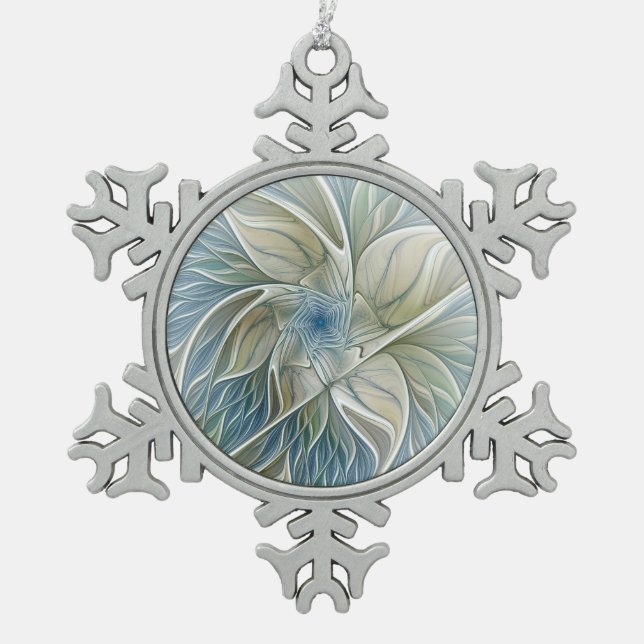 Floral Dream Pattern Abstract Blue Khaki Fractal Snowflake Pewter Christmas Ornament (Front)