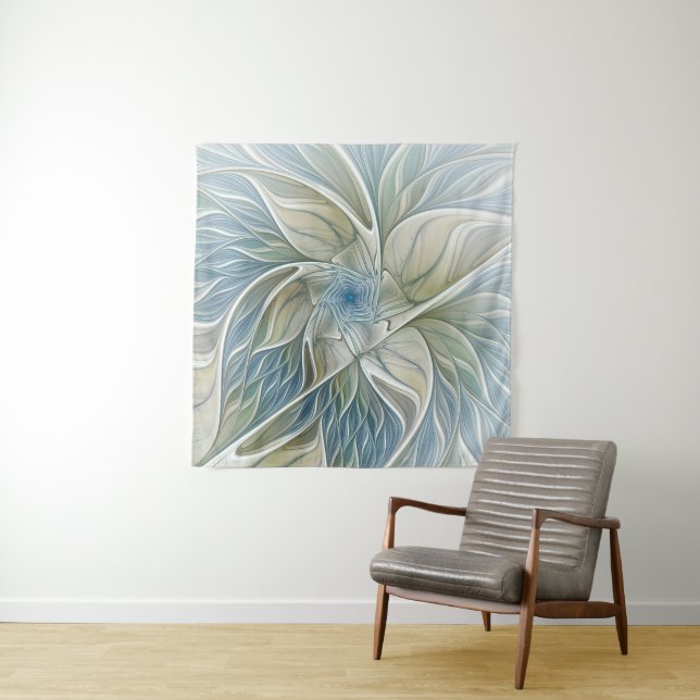 Floral Dream Pattern Abstract Blue Khaki Fractal Tapestry (In Situ)