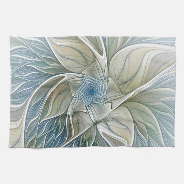 Floral Dream Pattern Abstract Blue Khaki Fractal Tea Towel (Horizontal)