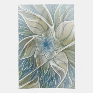 Floral Dream Pattern Abstract Blue Khaki Fractal Tea Towel