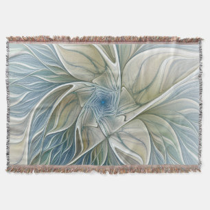 Floral Dream Pattern Abstract Blue Khaki Fractal Throw Blanket