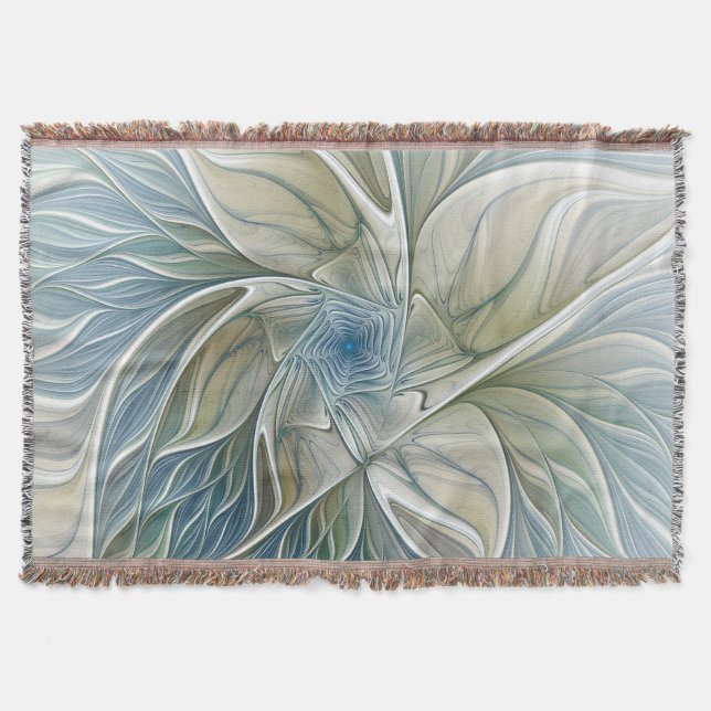 Floral Dream Pattern Abstract Blue Khaki Fractal Throw Blanket (Front)