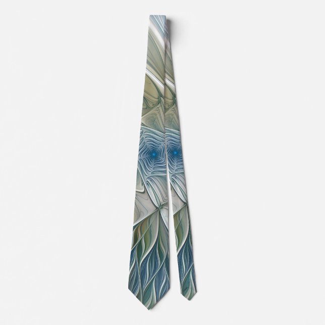 Floral Dream Pattern Abstract Blue Khaki Fractal Tie (Front)