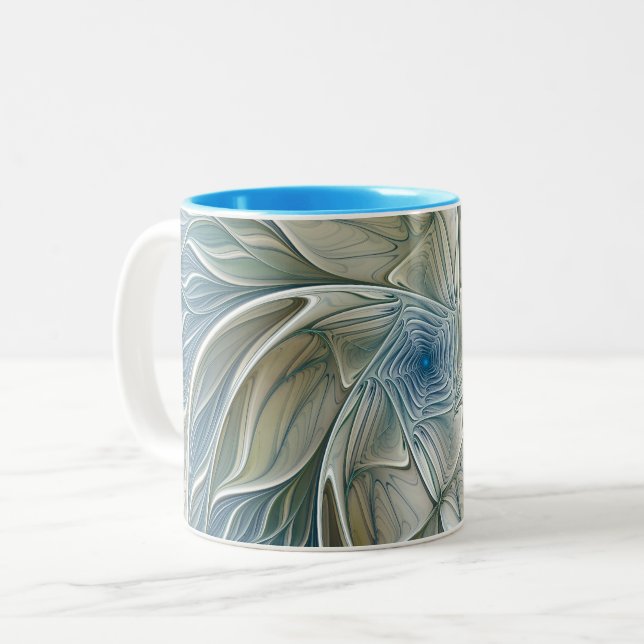 Floral Dream Pattern Abstract Blue Khaki Fractal Two-Tone Coffee Mug (Front Left)