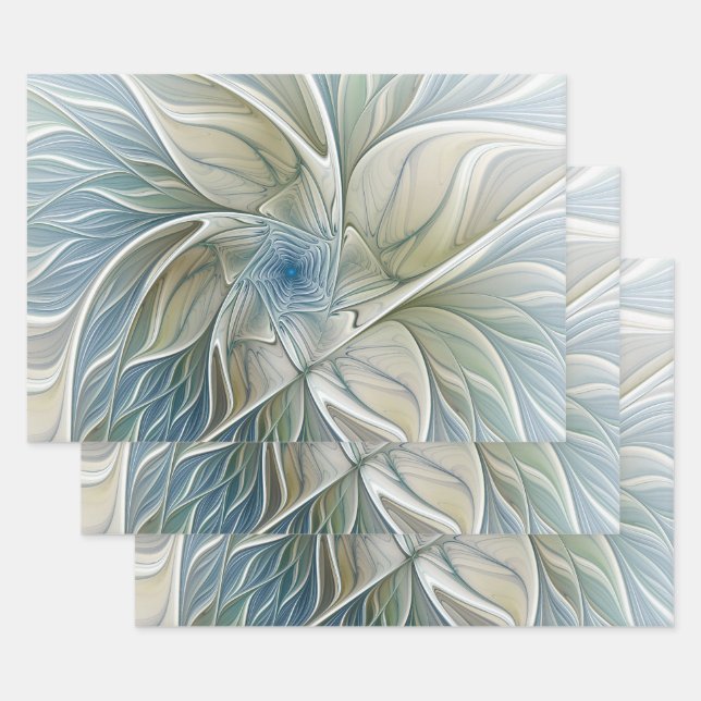 Floral Dream Pattern Abstract Blue Khaki Fractal Wrapping Paper Sheet (Set)