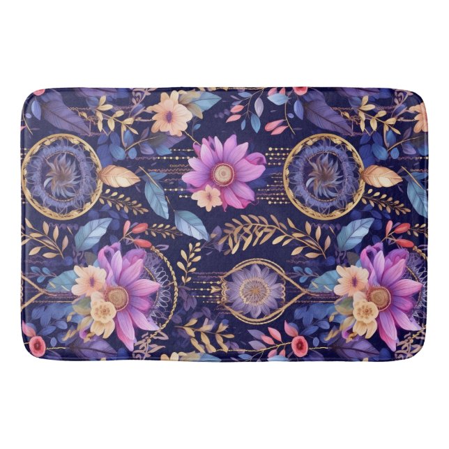 Floral dreamcatcher boho dark feather purple  bath mat (Front)