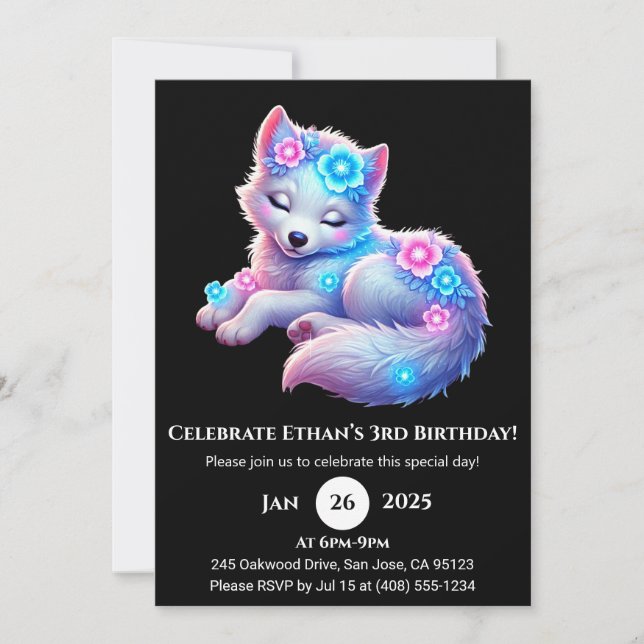 Floral Dreaming Wolf Art Birthday Invitation (Front)