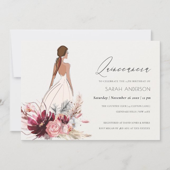 Floral Dress Pampas Grass Quinceanera Invite (Front)