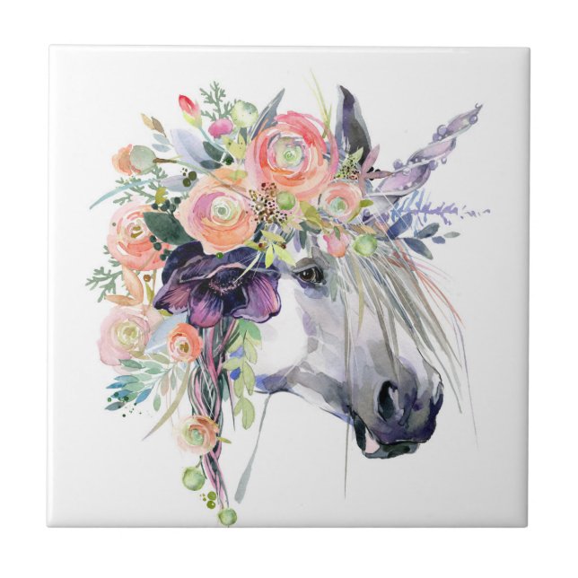 Floral Dressed Unicorn Ceramic Tile (Front)
