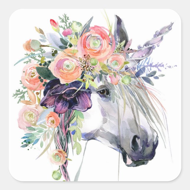 Floral Dressed Unicorn Square Sticker (Front)