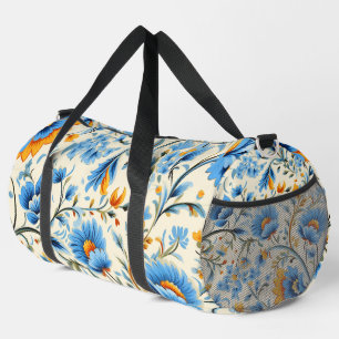Floral duffle bag with vibrant blue and orange