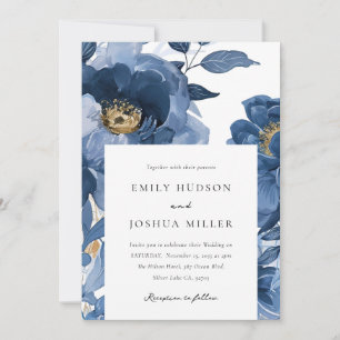 Floral Dusky Blue Gold Elegant Wedding Invitation